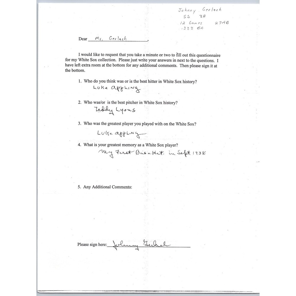 Vintage Baseball Autograph Questionnaire Johnny Gerlach White Sox Signed 1938